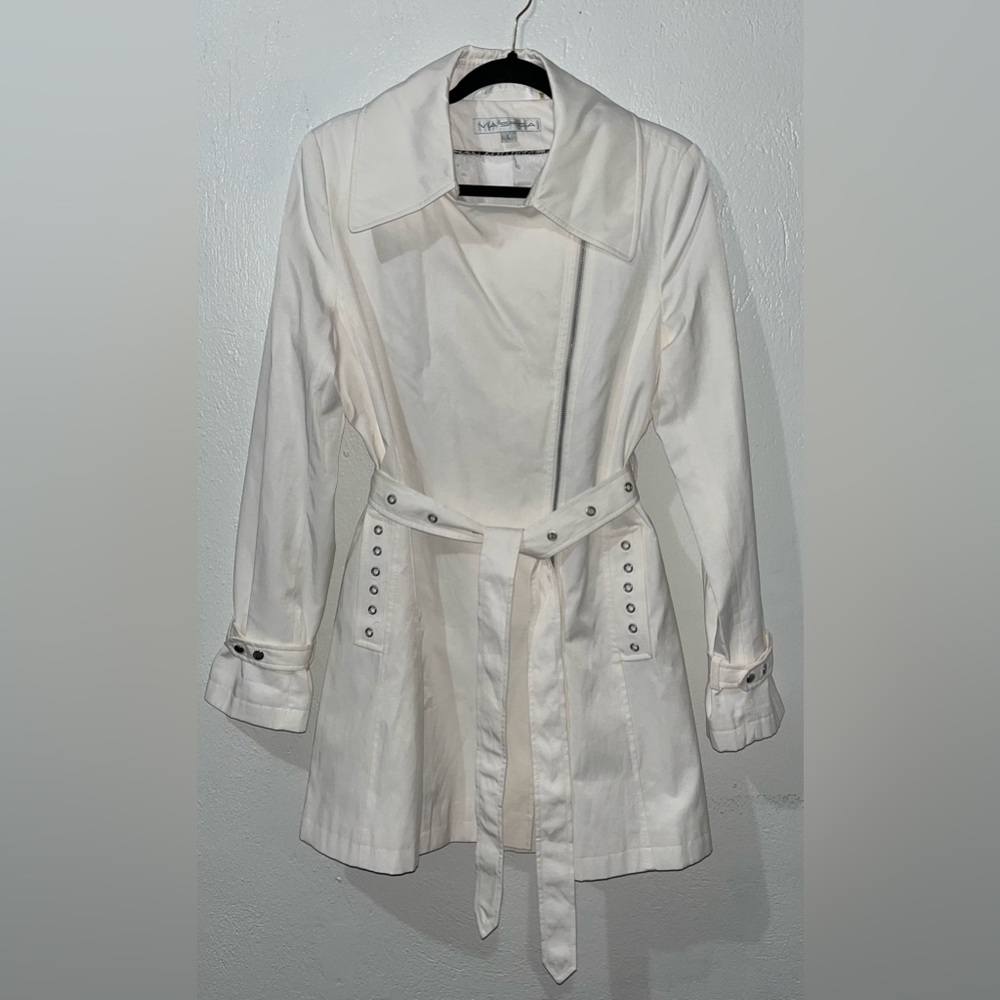 Via Spiga Water Repellent Barbara Assymetric Zip Front Trench Coat Pearl Sz L